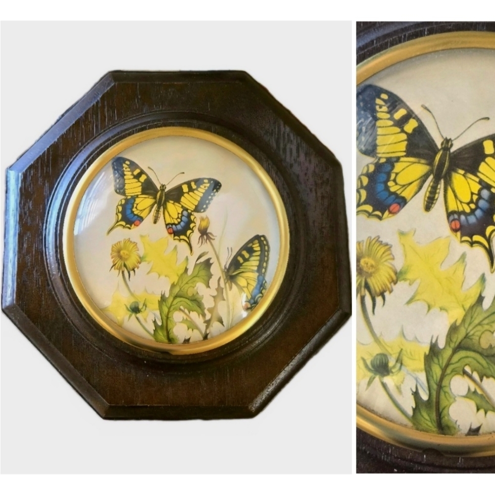Vtg 70s Illustrated Butterfly & Dandelion Wall Plaque, Retro, Mid Century